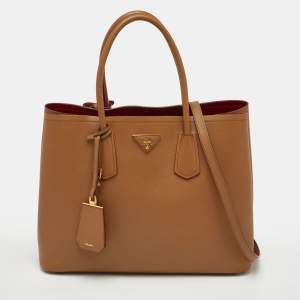 Pre Owned Prada Double Medium Beige Saffiano Cuir Leather Tote