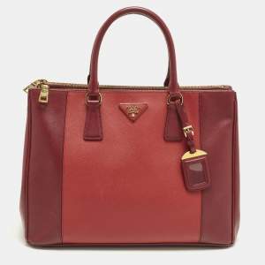 Pre Owned Prada Double Zip Large Two Tone Red Saffiano Leather Tote