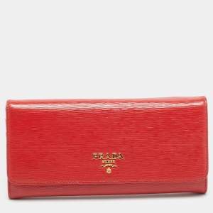Pre Owned Prada Logo Flap Red Vitello Move Leather Continental Wallet