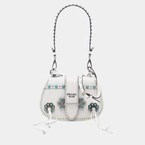 Pre Owned Prada White City Calf Studded Folk Corsiere Satchel