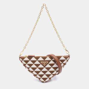 Pre Owned حقيبة كتف برادا مثلث قماش وجلد بني أبيض