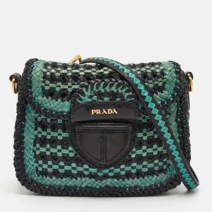 Pre Owned Prada Black/Blue Woven Madras Leather Crossbody Bag