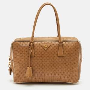 مملوكة مسبقًا Prada Bauletto Beige/White Perforated Saffiano Leather Satchel