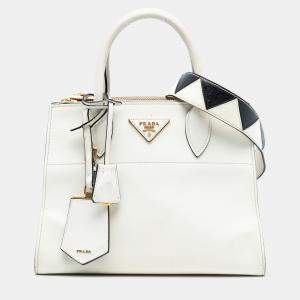 مملوكة مسبقًا Prada White City Calf Trimmed Saffiano Greche Paradigme Bag