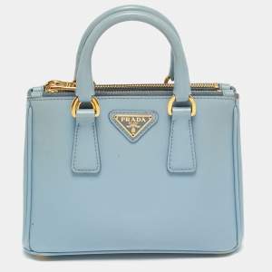 مملوكة مسبقًا Prada Double Zip Mini Light Blue Saffiano Lux Leather Tote