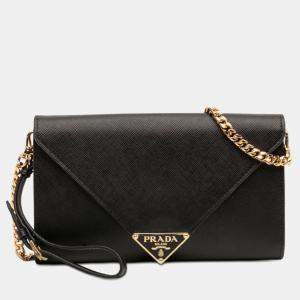 Pre Owned Prada Black Saffiano Lux Envelope Wallet on Chain