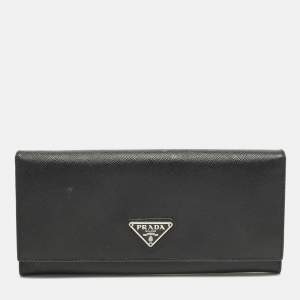 Pre Owned Prada Black Saffiano Leather Flap Continental Wallet