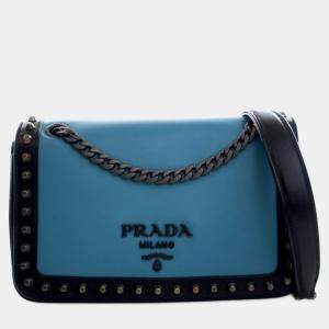 مملوكة مسبقًا Prada Black Blue Bicolor Glace Calfskin Studded Crossbody