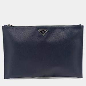 Pre Owned Prada Navy Blue Leather Saffiano Clutch