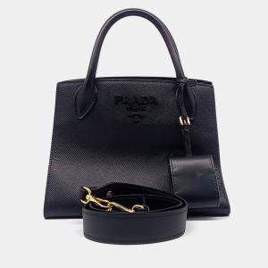 مملوكة مسبقًا حقيبة يد وبرادا جلد سافبانو مونوكروم سوداء وكتف