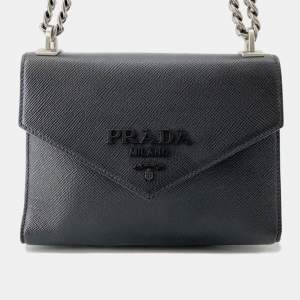 مملوكة مسبقًا Prada Saffiano Leather Logo Chain shoulder Bag Black Leather