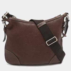 Pre Owned Prada Logo Embossed Brown Leather Crossbody Bag