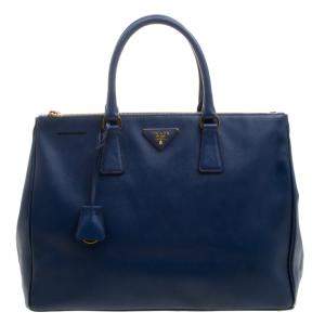 Pre Owned Prada Blue Saffiano Lux Leather Large Double Zip Tote