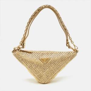مملوكة مسبقًا Prada Triangle Crystal Studded Gold Satin Shoulder Bag