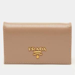 Pre Owned Prada Beige Saffiano Metal Leather Card Holder