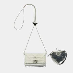 Pre Owned Prada Silver Spazzolato Triangle Leather Chain Clutch