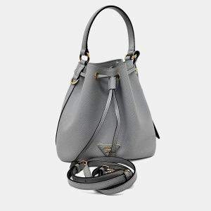Pre Owned Prada Grey Leather Saffiano Bucket Tote and Crossbody Bag
