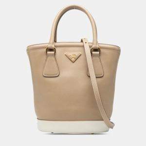 Pre Owned Prada Brown White Saffiano Bucket Bag