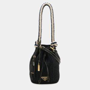 مملوكة مسبقًا Prada Crochet Mini Bucket Bag Shoulder Bag With Rope Strap Raffia-Embellished Viscose And Leather Black