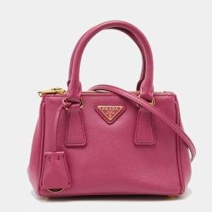 Pre Owned Prada Double Zip Mini Fuchsia Saffiano Lux Leather Tote