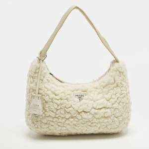 Pre Owned Prada Re-Edition 2000 Off White Shearling Shoulder Bag