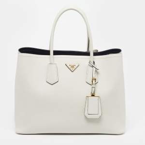 مملوكة مسبقًا Prada Double Handle Large Off White Saffiano Cuir Leather Tote