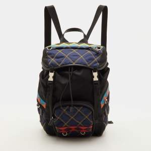 Pre Owned Prada Tessuto Navy Blue/Black Quilted Fabric and Leather Backpack