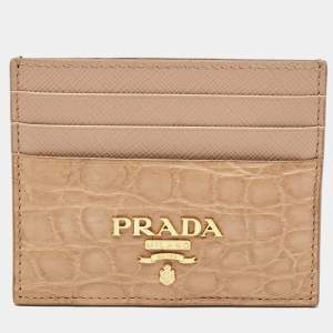 مملوكة مسبقًا Prada Logo Beige Leather and Crocodile Card Holder