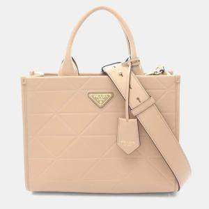 مملوكة مسبقًا Prada Symbol Topstitched Soft Calf Leather Tote Bag Beige