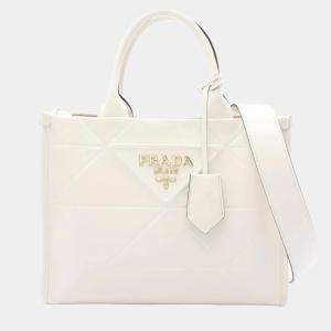 مملوكة مسبقًا حقيبة توت برادا بيضاء جلد عجل ناعم ملبسة على الإطار