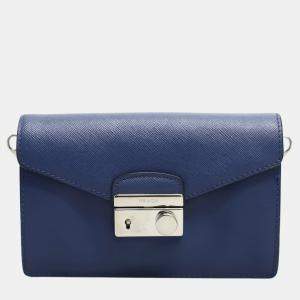Pre Owned Prada Blue Saffiano Mini Sound Flap Bag SHW
