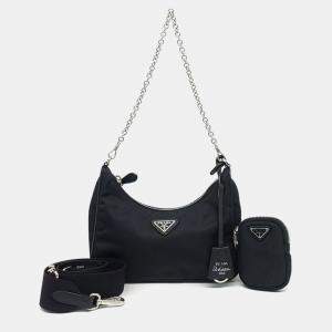 مملوكة مسبقًا Prada Black Nylon Tessuto Chain Strap Hobo Bag