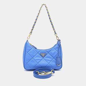 مملوكة مسبقًا Prada Blue Leather Re-Nylon Tessuto Chain Strap Hobo Bag
