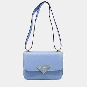 مملوكة مسبقًا Prada Blue Leather Saffiano Emblem Shoulder Bag