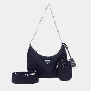 مملوكة مسبقًا Prada Black Re-Nylon Tessuto Chain Strap Hobo Bag