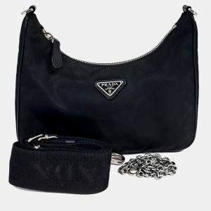 مملوكة مسبقًا Prada Black Nylon Re-Nylon Tessuto Chain Strap Hobo Bag