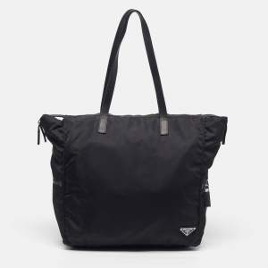 Pre Owned Prada Logo Zip Black Leather and Tessuto Nylon Tote