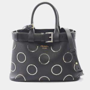 Pre Owned Prada Soft Grain Vite Buckle Tote Bag Leather Black