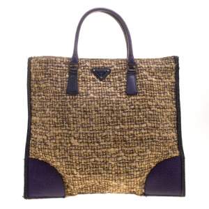 Pre Owned Prada Beige/Purple Tweed and Leather Flat Tote