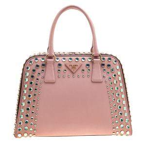 Pre Owned Prada Blush Pink/Burgundy Saffiano Lux Leather Pyramid Frame Top Handle Bag
