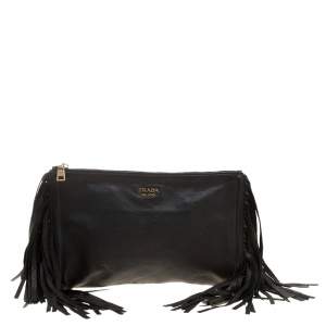 Pre Owned Prada Black Leather Fringe Clutch
