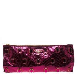 Pre Owned Prada Metallic Pink Python Whips Pietre Clutch