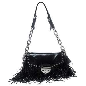 Pre Owned Prada Black Vitello Shine Leather Fringe Shoulder Bag
