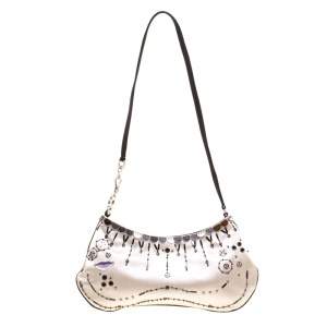 Pre Owned Prada Light Beige Satin Embroidered Shoulder Bag
