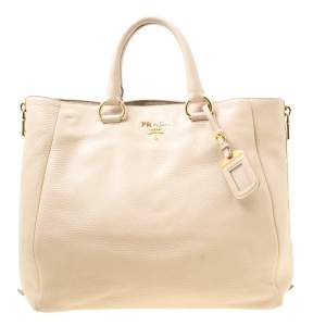 Pre Owned Prada Beige Leather Vitello Diano Side Zip Tote