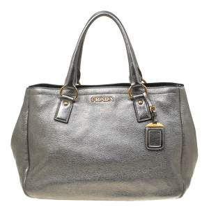 Pre Owned Prada Silver Leather Shopper Tote
