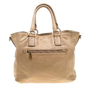 Pre Owned Prada Beige Leather Top Handle Bag