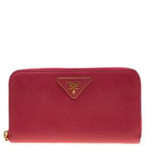 Pre Owned Prada Hot Pink Saffiano Leather Zip Around Wallet