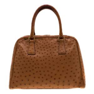 Pre Owned Prada Brown Ostrich Pyramid Frame Top Handle Bag