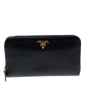 Pre Owned Prada Black Leather Zip Around Wallet